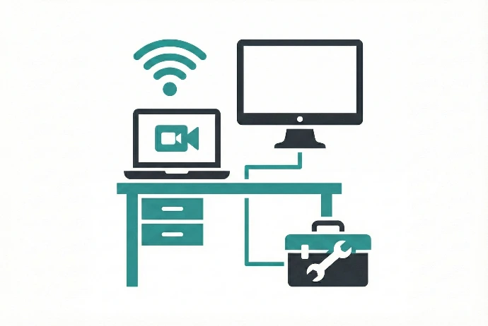 Illustration of a complete home office workstation with dual monitors, video conferencing software, reliable Wi-Fi signal, and technical support toolkit.