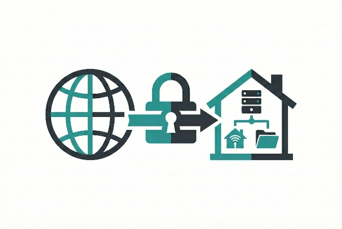 Diagram showing a secure encrypted VPN tunnel connecting the global internet to a private home server and local network files.