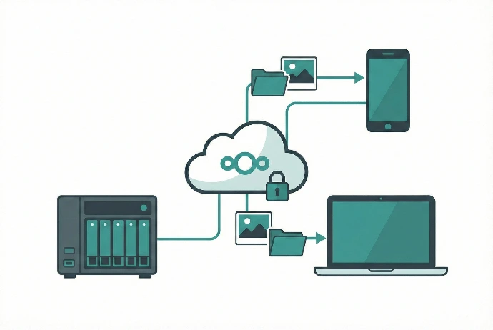 Vector illustration of a secure private cloud storage setup using NextCloud on a NAS, showing file and photo syncing between a home server, laptop, and smartphone.