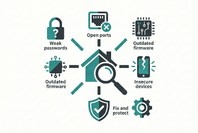 Cybersecurity concept art depicting a security audit on a home network, scanning for open ports, weak passwords, and outdated firmware vulnerabilities.
