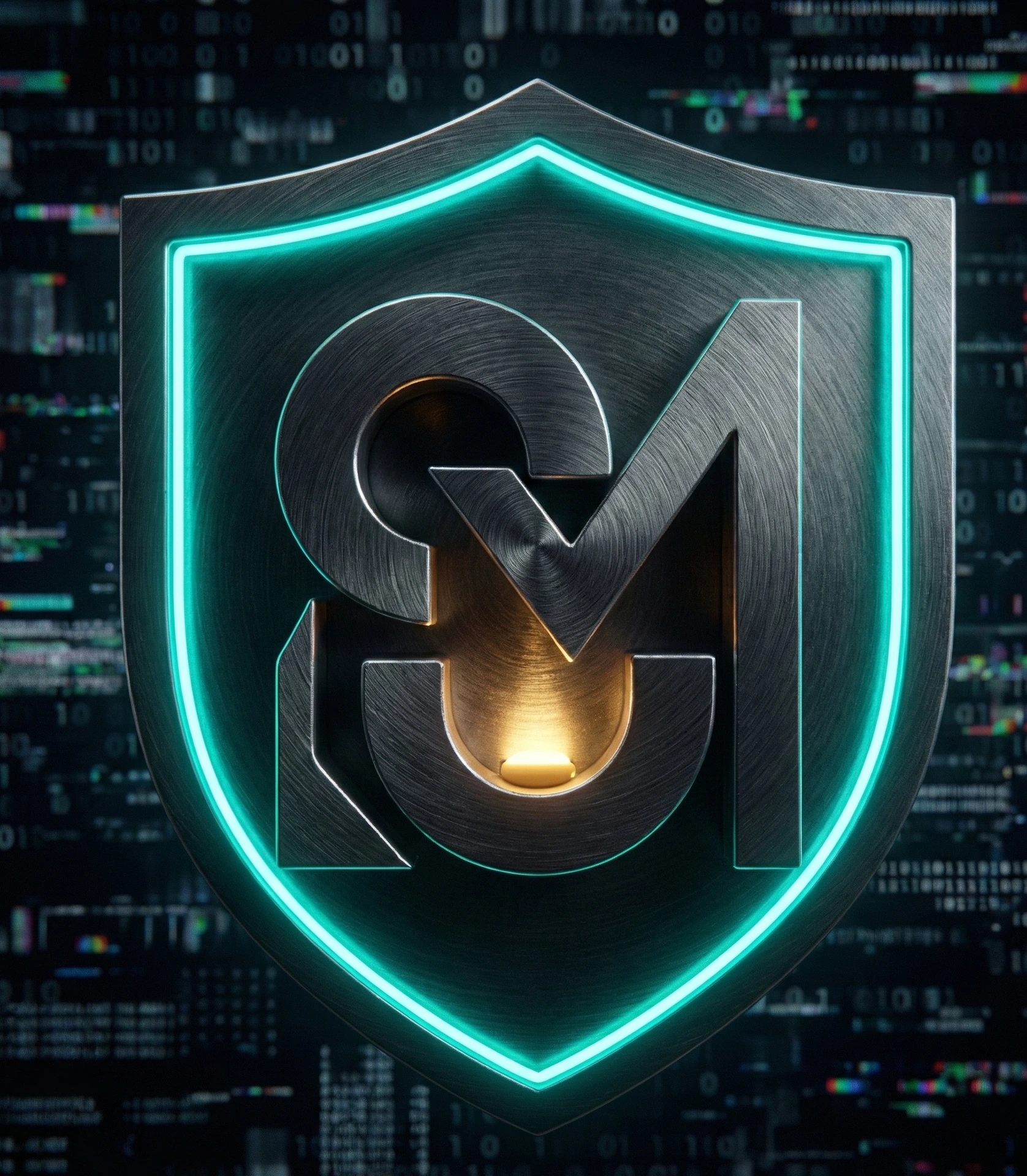 Hardened Firmware Security Shield. Nahaufnahme-Makro-3D-Rendering eines Schildes aus gebürstetem Stahl mit leuchtenden blaugrünen Kanten, das ein warmes zentrales Licht vor digitalem Rauschen schützt.